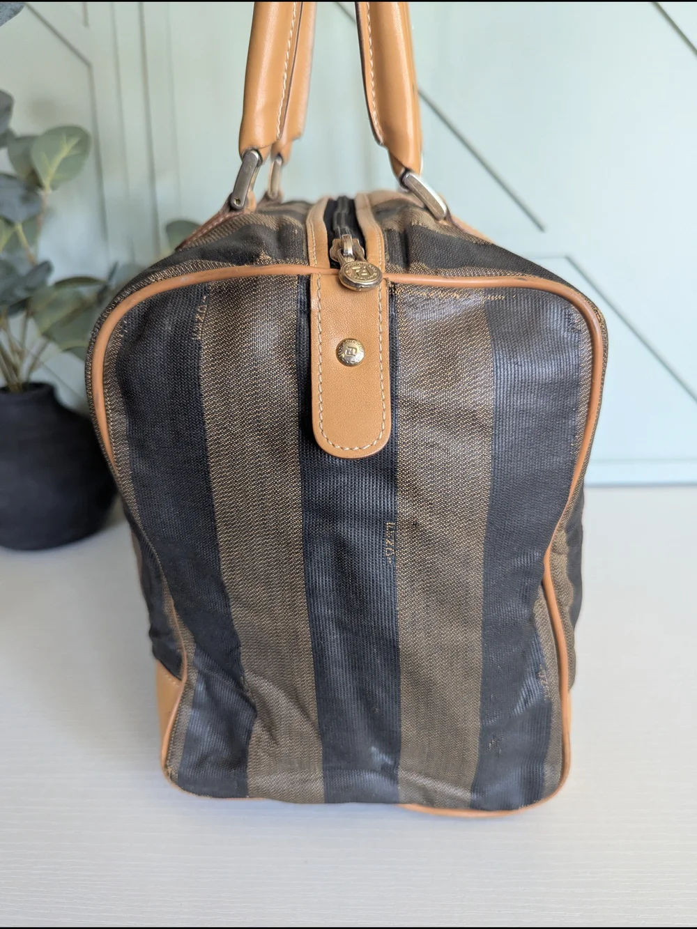Fendi Brown and Tan Striped Duffel Bag